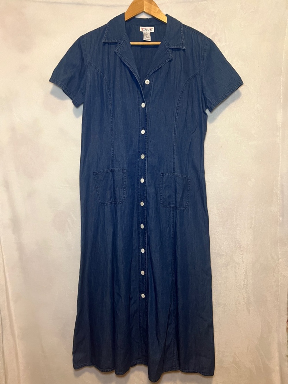 Talbots Blue Denim Maxi Dress Short Sleeve Button Front Modest Sz 12 Grannycore
